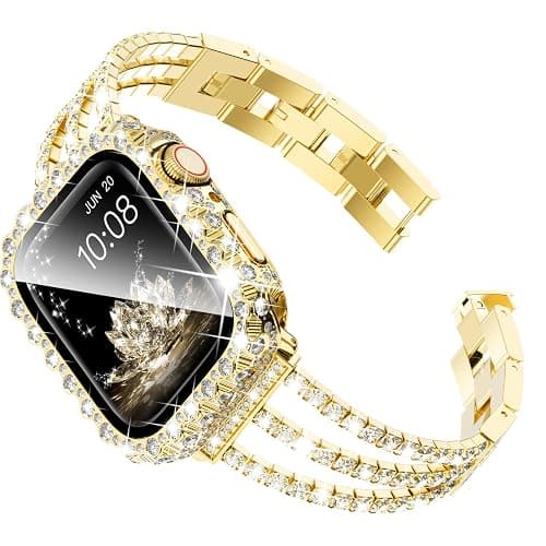 Surace Gold Apple Watch Bands 40mm for Women Series 6 5 4, Bling Diamond Rhinestone Link Bracelet with 2 in 1 Waterproof Bling Case Lace Edge Diamond Protective Bumper Face Cover, Gold - Image 1