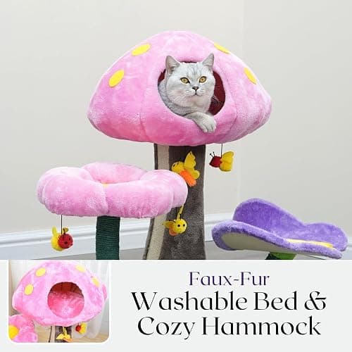 Catry® Wonderland 3-Level 31" Cat Tree with Mushroom Condo, Flower Perch, Sisal Scratching Pad, Parts Replaceable, Garden Style with Bee Toys. Multi- Color thumbnail 6