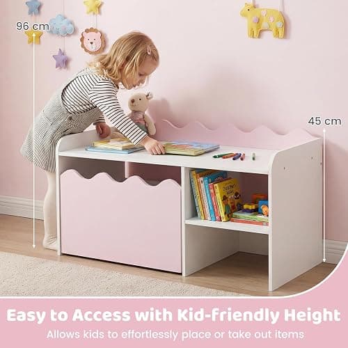 COSTWAY Kids Bookcase, Toy Organizer with Movable Drawer (Pink+White) | Flip-up Top, 4 Universal Wheels & Anti-toppling Kit, Wooden Children Bookshelf for Playroom, Daycare, Nursery thumbnail 7