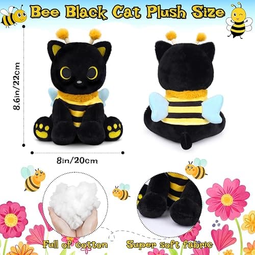 Hagusahuo Cat Plush Toy, 8inch Kawaii Black Cat Plush with Honeybee Outfit Costume, Valentines Day Gift for Her Him, Soft Huggable Plushies Toy for Kids Birthday Gifts thumbnail 3