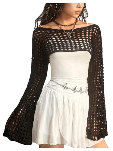 SHENHE Women's Hollow Out Knit Bolero Shrug Crochet Cropped Sweater Top Bell Long Sleeve Y2K Top - Image 1