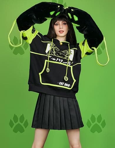 Micotaku Women's Miraculous Cat Noir Pullover Hoodie Detachable Furry Cat Paw Gloves Handbag Hooded Sweatshirt thumbnail 4