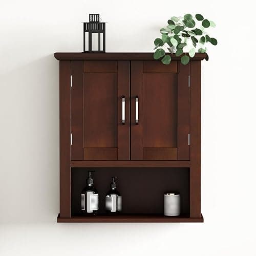ChooChoo Wood Wall Cabinet with Doors, Medicine Cabinet with Adjustable Shelves Over The Toilet, Rustic Cabinet Wall Mounted for Bathroom, Kitchen, Living Room, Dark Cherry thumbnail 5