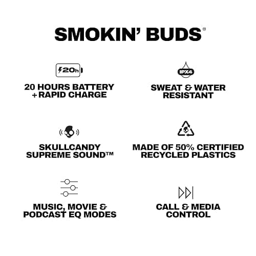 Skullcandy Smokin’ Buds Wireless Earbuds, Bluetooth Headphones, Noise Isolating Fit, Up to 20 Hours Battery, IPX4 Sweat and Water Resistant, Microphone for iPhone Android - Preppy Blue thumbnail 10