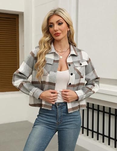 Zeagoo Flannels for Women Cropped Shacket Jacket Fashion Plaid Button Down Shirt 2026 Fall Coat Tops thumbnail 2