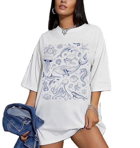 Oversized Graphic Tshirt for Teens Women Cute Floral Ocean Print Baggy Tops Summer Beach Vintage Aesthetic Coastal Tee - Image 1