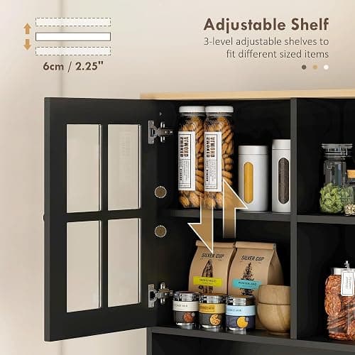 HOMCOM Kitchen Pantry Storage Cabinet, 72" Freestanding Cabinet with Hutch, Large Countertop, Glass Doors and Adjustable Shelves for Dining Room, Black thumbnail 7