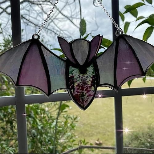 Muloo Halloween Bat Stained Glass Window Hanging Acrylic Bat Wall Hangings Decoration Art, approx 20x8.5cm/7.87x3.35in, Green thumbnail 7