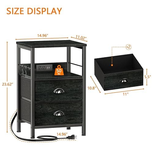 Furologee Nightstand with Charging Station, Black Night Stand with 2 Fabric Drawers, Side Table with USB Ports, End Table with Storage Shelf, for Living Room/Bedroom, Black Oak thumbnail 3