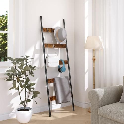 HOOBRO Blanket Ladder, 5-Tier Towel Rack with Hooks, Wall-Leaning Blanket Rack, Decorative Display Ladder Shelf, for Scarves, Industrial, Living Room, Bedroom, Rustic Brown and Black BF52CJ01 thumbnail 7