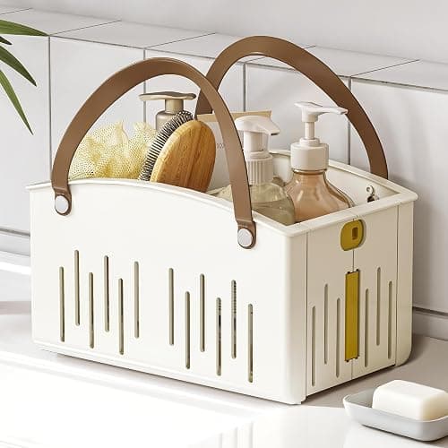 Delamu Portable Shower Basket Caddy with Double Handle Foldable Dry Wet Separation Design 11.0 × 7.1 × 6.5in, Travel, Camping, Gym, College Bathroom Tote, White, Ideal Christmas Gifts for Girls thumbnail 2