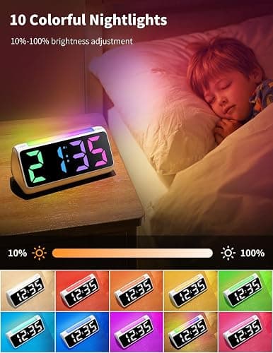 Netzu Digital Alarm Clocks for Bedrooms, Bedside Clocks with RGB Night Glow, Rainbow Time, Large Display, Dual Alarm, Snooze, LED Desk Dimmable Alarm Clock for Kids Teens (White) thumbnail 2