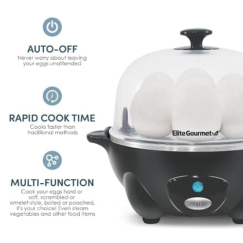 Elite Gourmet EGC710DKG Rapid Egg Cooker, 7 Easy-To-Peel, Hard, Medium, Soft Boiled Eggs, Poacher, Omelet Maker, Auto Shut-Off, Alarm, 16-Recipe Booklet, BPA-Free, Ash thumbnail 5