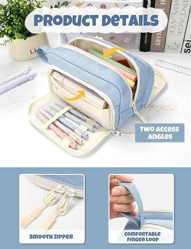 SUNEE Large Pencil Case, Big Capacity Pen Pouch with 3 Compartments, Kawaii Cute Pencil Bag with Zipper, High Storage Stationery Holder and Organizer, School Supplies for Teen and Adult Girls, Blue thumbnail 5