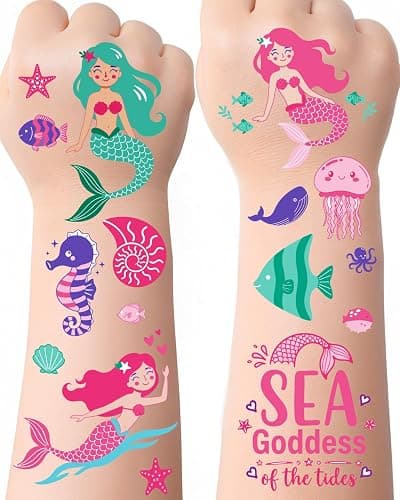 Mermaid Temporary Tattoos for Kids – 106 Cute Ocean & Mermaid Designs, Waterproof, Non-Toxic & Skin-Friendly, Easy to Apply, Perfect for Under the Sea Birthday Party Favors & Goodie Bags - Image 1