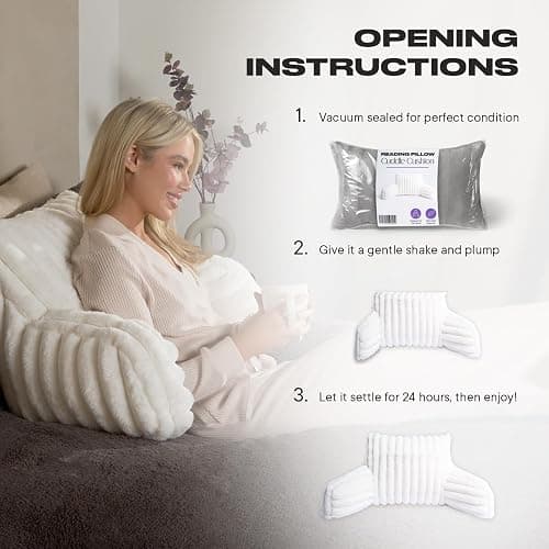 OHS Reading Pillow Ribbed Faux Fur, Heatable Pocket Super Soft Cosy Reading Cushion for Adults Snuggle Relaxing Bed Armchair Pillow Back Support, Cream thumbnail 3