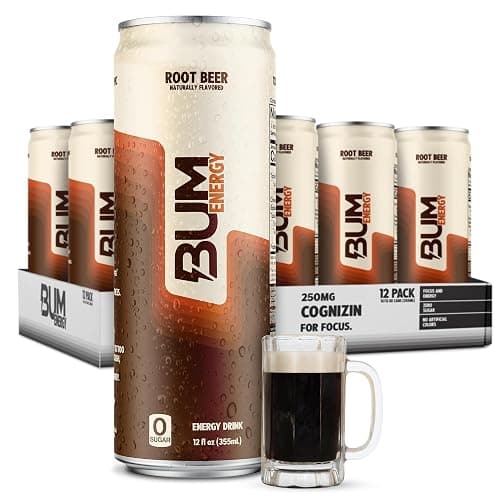 BUM Sugar-Free Energy Drink, Root Beer - Lightly Carbonated & No Artificial Colors, Natural Caffeine & Citicoline for Energy & Focus, Brain Boost & Workout Sports Beverage - 12 oz, Pack of 12 - Image 1