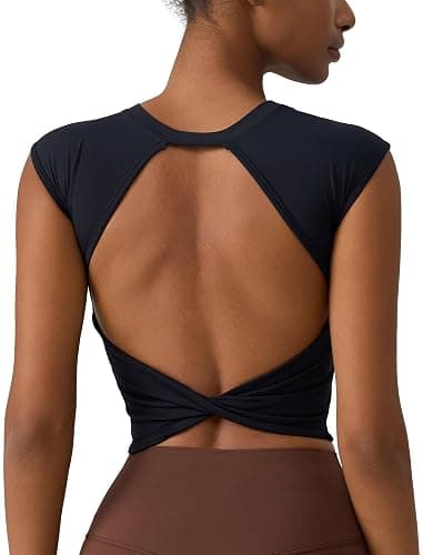 ABOCIW Workout Tops for Women Open Back Longline Sports Bras Athletic Crop Top Cap Sleeve Gym T Shirts with Built in Bra - Image 1