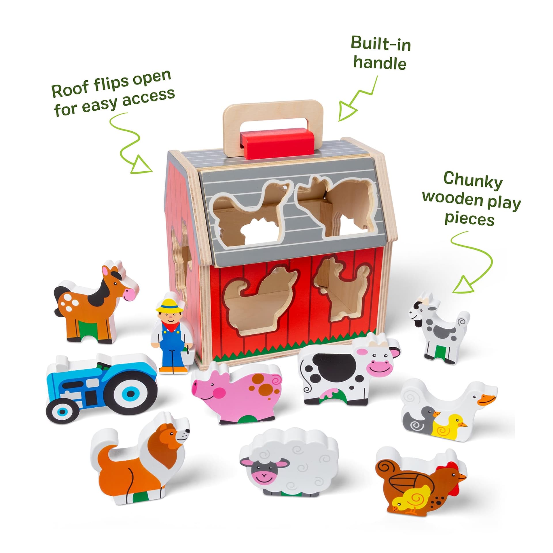 Melissa & Doug Take‑Along Sorting Barn Wooden Toy – 10 Farm Pieces in Carry Case – Ages 2+ thumbnail 3
