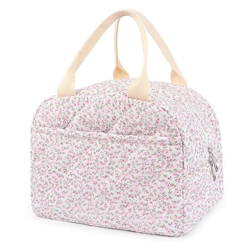 Cotton Quilted Insulated Lunch Bag, Cute Quilted Floral Lunch Tote Bags Reusable Insulated Lunch Box Coquette Aesthetic Large Capacity Insulated Cooler for Women Work Travel Picnic (Pink) - Pink - Image 1