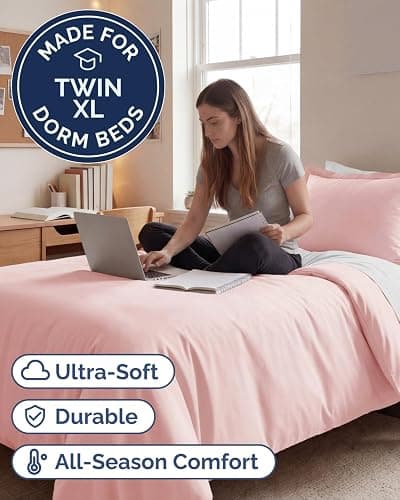 Duvet Cover Twin/Twin XL - 2 Piece Set, College Dorm Room - Baby Pink | College Dorm Room Essentials, Duvet Cover 68" x 90" with 1 Pillow Sham w/ Zipper Closures & Ties, Soft, Comfy & Breathable thumbnail 2