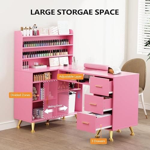 OmySalon L Shaped Manicure Table with Dust Collector, 52" L Corner Nail Desk for Nail Techs, w/Polish Display Rack Arm Rest, Acetone Resistant Top, Drawer and Cabinet Storage, for Nail Salon (Pink) thumbnail 5