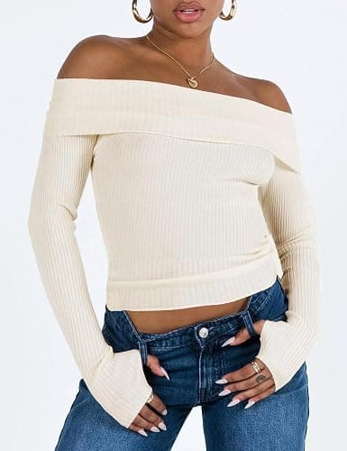 APRROOT Off The Shoulder Sweater for Women Long Sleeve Pullover Ribbed Knit Going Out Thumbhole Tops 2025 Fall Sexy Outfits thumbnail 2