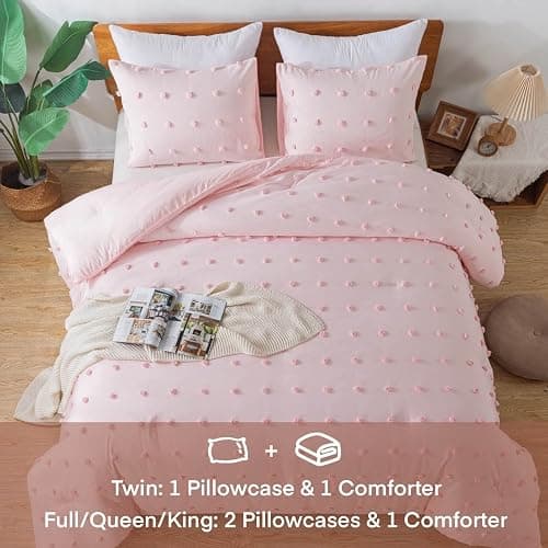 Paxrac Tufted Pink Full Comforter Set (80x90 inches), 3 Pieces- Soft Cotton Blush Lightweight Comforter with 2 Pillowcases, Chenille Dots All Season Down Alternative Comforter Set for Bedding - Pink - Full(80''x90'') thumbnail 7