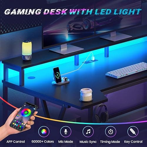 SEDETA Gaming Desk 70.8'' with LED Lights and Storage Shelves, Computer Desk with Monitor Stand, Power Outlets and Cup Holder, Large PC Gamer Desk, Gaming Table for Bedroom, Living Room, Black thumbnail 6