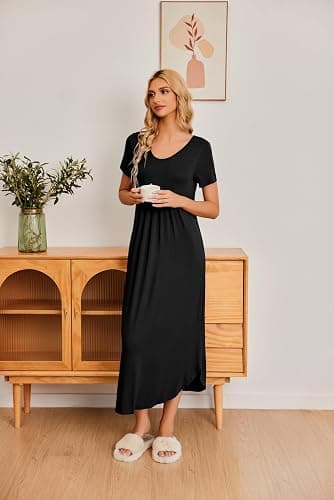 Ekouaer Long Nightgowns for Women House Dress Plus Size Sleepwear Pleated Full Length Loungwear S-4XL thumbnail 2