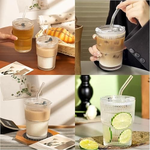 Haundry 14 oz Ribbed Glass cups with Lids and Straws, 2 Pack Iced Coffee Cups, Thickened Glassware Set, Ripple Design Glass Cups for Coffee, Soda, Smoothies, Cocktails and Juice thumbnail 9
