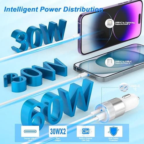 iPhone Car Charger Fast Charging, [Apple MFi Certified] 60W Dual USB-C Power Cigarette Lighter Car Charger+Type-C Cable&Lightning Cable for iPhone 16 15 14 13 12 Pro Plus XS XR iPad, Samsung, Carplay thumbnail 2