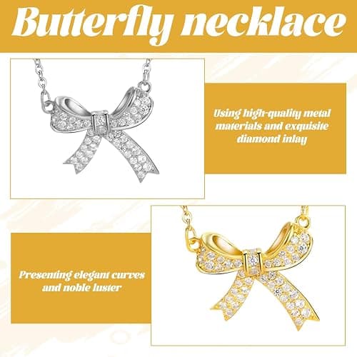 Watlikeup Women's & Girls' 2 Pcs Gold & Silver Butterfly Bow Necklace, Casual Elegant Sterling Silver Bow Necklace, Alloy, Stainless Steel, 24 inches, NECKLACE thumbnail 3