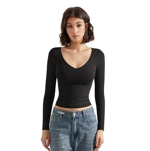 SUUKSESS Women Double Lined Casual V Neck Crop Tank Tops Basic Long Sleeve Shirts thumbnail 7