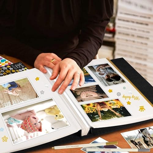 Lanpn Self Adhesive Photo Album Scrapbook 40 Pages, Linen Photos Albums DIY Sticky Magnetic Pages holds 4x6 5x7 A5 Picture for Family Wedding Birthday (Small-20 Sheets/40 Pages, Black) thumbnail 2