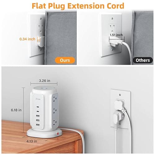 BESFAN Power Strip Tower, 1625W Surge Protector with 9AC Outlets 5 USB Ports, 6.5 FT Extension Cord Charging Tower for Multiple Devices, for Office Supplies, Dorm Room Essentials for Girls, Guys thumbnail 3