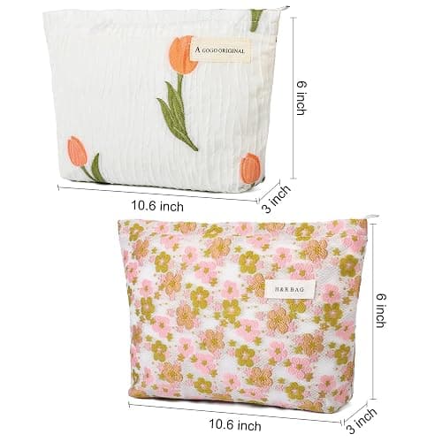 SOIDRAM 2 Pieces Flower Makeup Bag Large Floral Cosmetic Bag Capacity Canvas Travel Toiletry Bag Organizer Cute Makeup Brushes Aesthetic Accessories Storage Bag for Women, Embossed flower L White Pink thumbnail 3