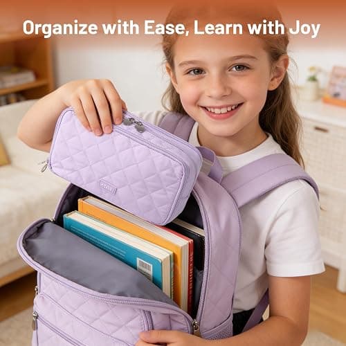 Kcjdd Cute Pencil Case for School, Soft Quilted Pencil Pouch Organizer with 3 Compartments, Large Double Zipper Pencil Bag for Teen Girls, Boys & Women (Beige) thumbnail 3