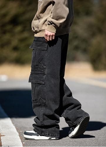 Baggy Cargo Jeans Men Teen Boys Casual Loose Jeans Flap Pockets Y2k Denim Pants 90s Hip Hop Streetwear thumbnail 2