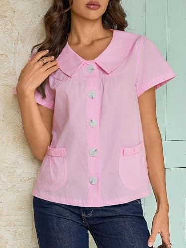 Tankaneo Womens Peter Pan Collar Button Down Shirts Short Sleeve Summer Casual Babydoll Blouse Cute Trendy Cotton Preppy Tops thumbnail 4