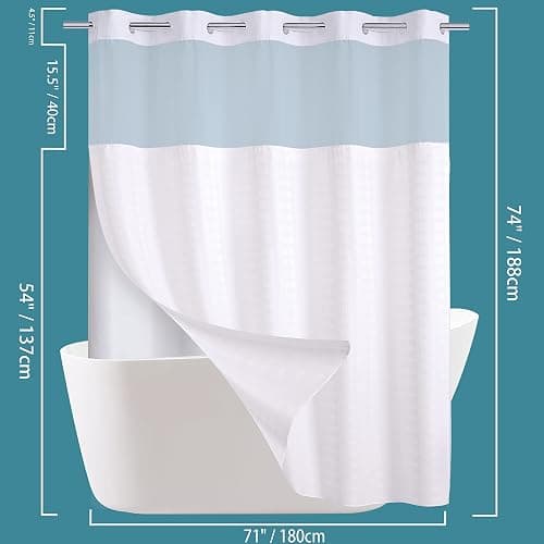 Conbo Mio No Hook Shower Curtain with Snap in Liner Set, Hotel Luxury White Shower Curtains for Bathroom with See Through Top Window, Waterproof, Washable 71W x 74H thumbnail 2
