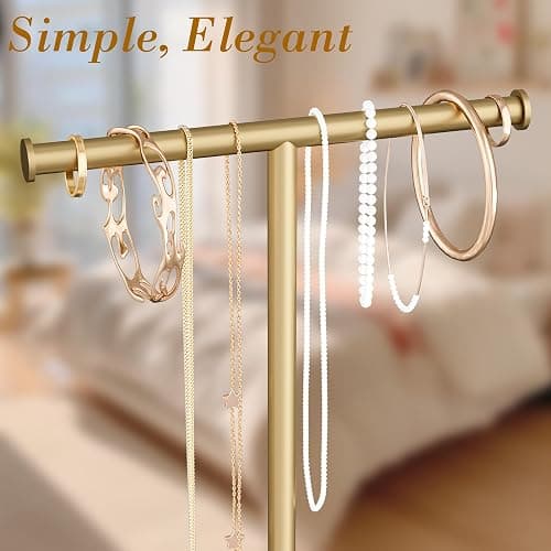 Jasopaco Gold Necklace Organizer Stand with Storage Tray - 12.6" Tall T-Shaped Jewelry Holder Stand for Bracelets, Earrings, Rings | Stylish Home & Vanity Décor for Women. thumbnail 4