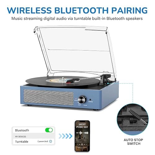 Vinyl Record Player with 2 Stereo Speakers Belt-Driven Vintage Turntables 3 Speed 3 Size Wireless Bluetooth Playback AUX-in RCA Out Headphone LP Vinyl Players Auto Stop Frosted Purple thumbnail 3