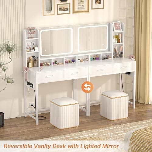 Small Vanity Desk, Vanity Desk with Mirror and Lights, Makeup Vanity Desks with Power Strip, Vanity Table with Drawers and Shelves, Adjustable Lighting, Dressing Table for Bedroom Dressing Room, White thumbnail 7