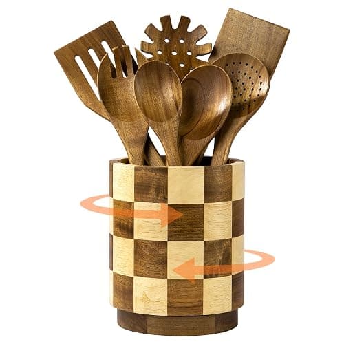 Fyctio Wooden Utensil Holder, 360° Rotating Acacia Wood Kitchen Utensil Holder for Countertop, 7.2" Non-Slip Large Utensil Holder for Kitchen, Farmhouse Countertop Decor, Spatula Holders, Checkered - Image 1