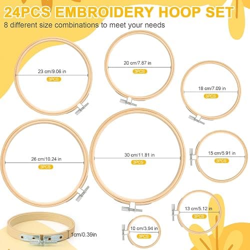 24 PCS Bamboo Embroidery Hoops, 8 Sizes (3.94–11.81 in), 3 per Size, Adjustable Stainless Screws — Cross Stitch Hoops for Embroidery, Needlework, DIY Craft & Wall Decor thumbnail 2