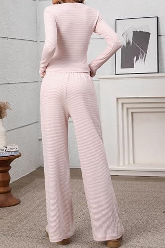 CHYRII Womens Two Piece Sets Fall Fashion Striped Long Sleeve Tops Wide Leg Palazzo Pants Outfits Loung Sets thumbnail 5