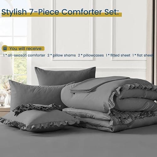 QUIETSEA Queen Bed in a Bag Dark Grey, 7 Pieces Comforter Set Queen | Ruffle Bedding Comforter Set, Shabby Chic Bed Set with Comforter, Pillowcases, Flat Sheet, Fitted Sheet and Pillow Shams thumbnail 7