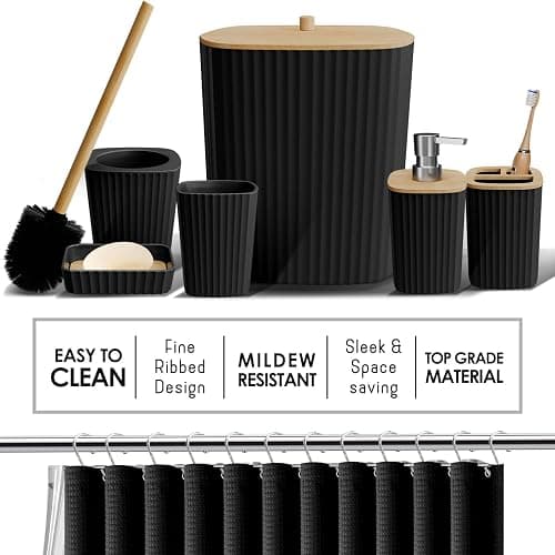 Clara Clark Bathroom Accessories Set - Bathroom Set, Bathroom Accessory Set, Shower Curtain Set, Toilet Brush, Trash Can & Soap Dispenser - Black - 20PC thumbnail 4