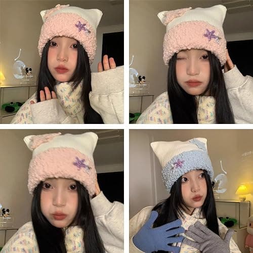 Cute Crochet Hat for Women Y2K Knit Hat Kawaii Beanie Cat Ear Grunge Fairy Slouchy Headgear Accessories thumbnail 2